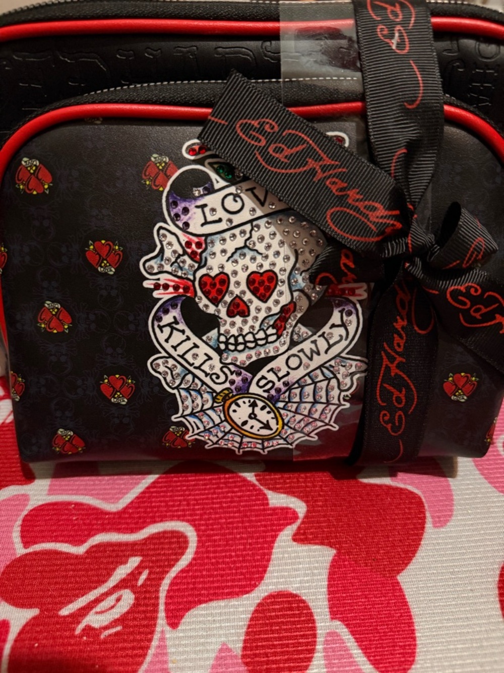 Ed Hardy Black Cosmetic Pouch with Red Trim 2 mini bag bundle